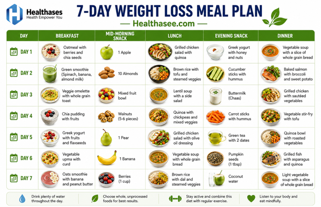 7-day weight loss meal plan with healthy breakfast, snacks, lunch, and dinner options for each day.