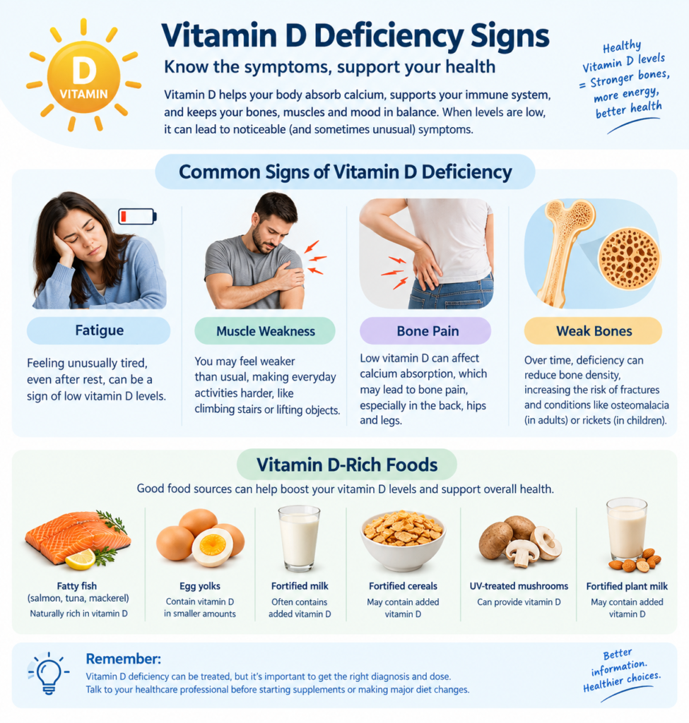 Vitamin D deficiency signs including fatigue, muscle weakness, bone pain, and weak bones, with vitamin D-rich foods