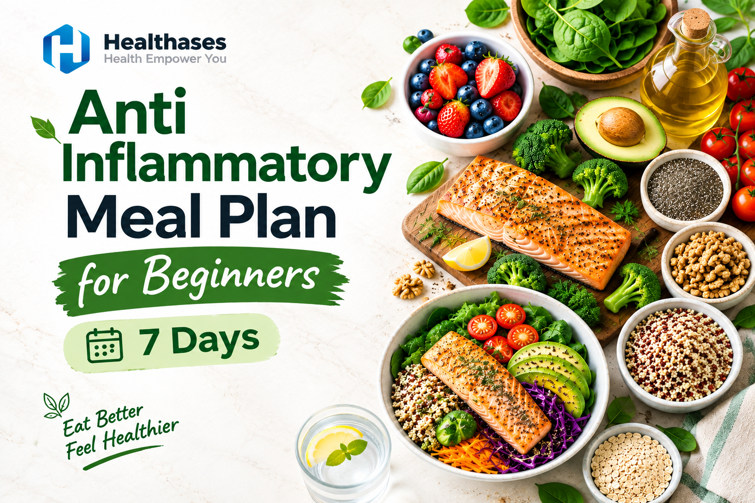 Anti-inflammatory meal plan for beginners featuring salmon, leafy greens, berries, avocado, broccoli, vegetables, nuts, and healthy grains.