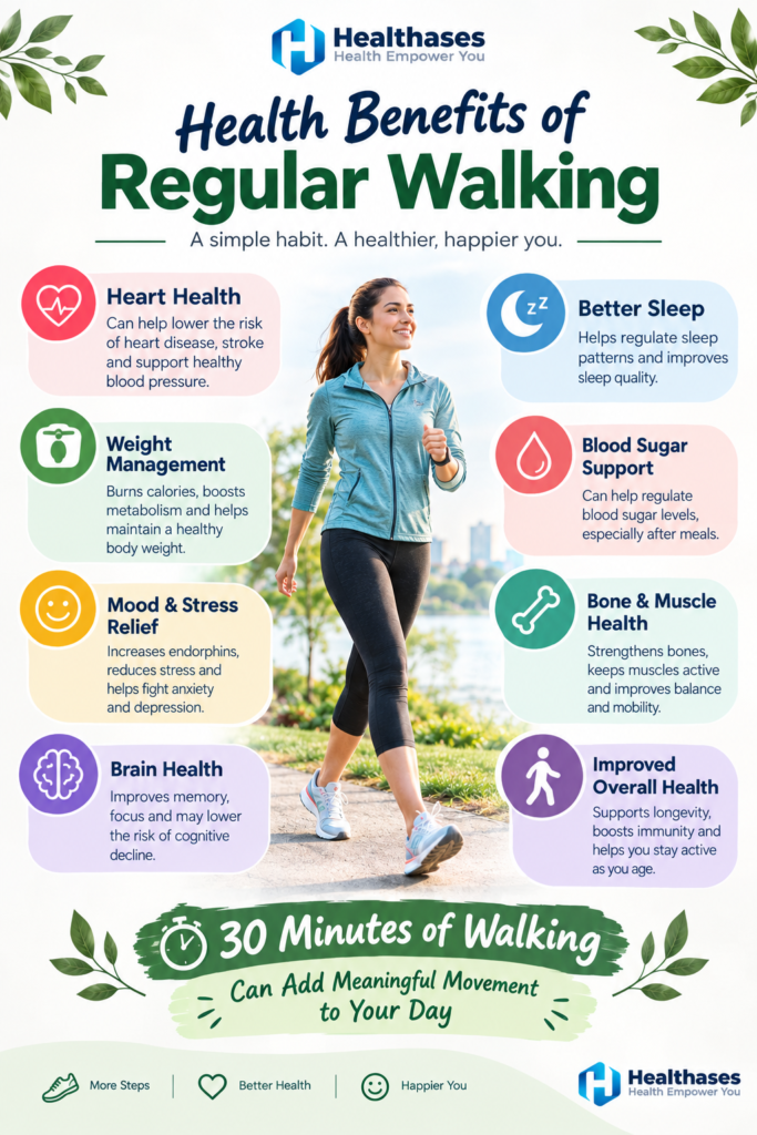 Infographic showing how regular walking can support heart health, mood, sleep, weight management, blood sugar, and mobility