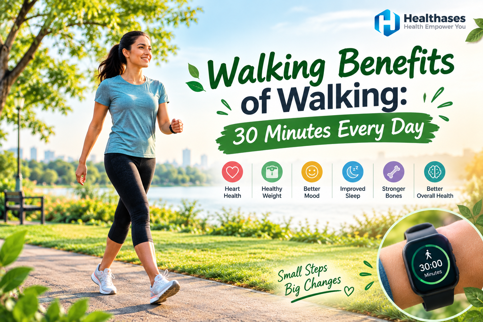 Adult walking briskly through a green park while tracking a 30-minute daily walk on a fitness watch
