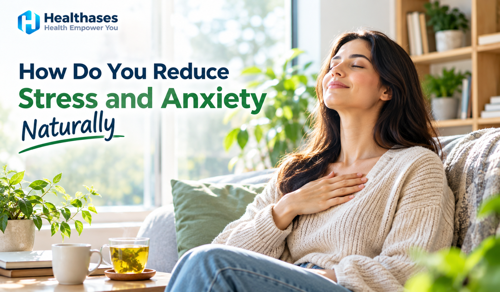 How do you reduce stress and anxiety naturally, showing a woman practicing mindful breathing in a peaceful home environment.
