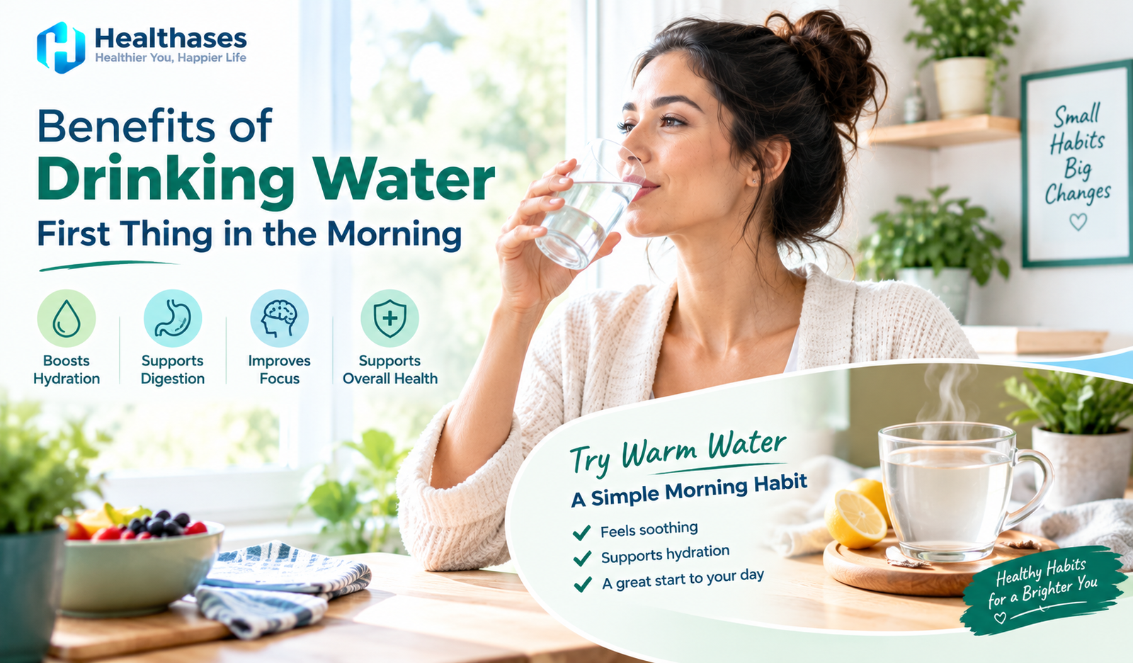 Woman drinking a glass of water in the morning to support daily hydration.