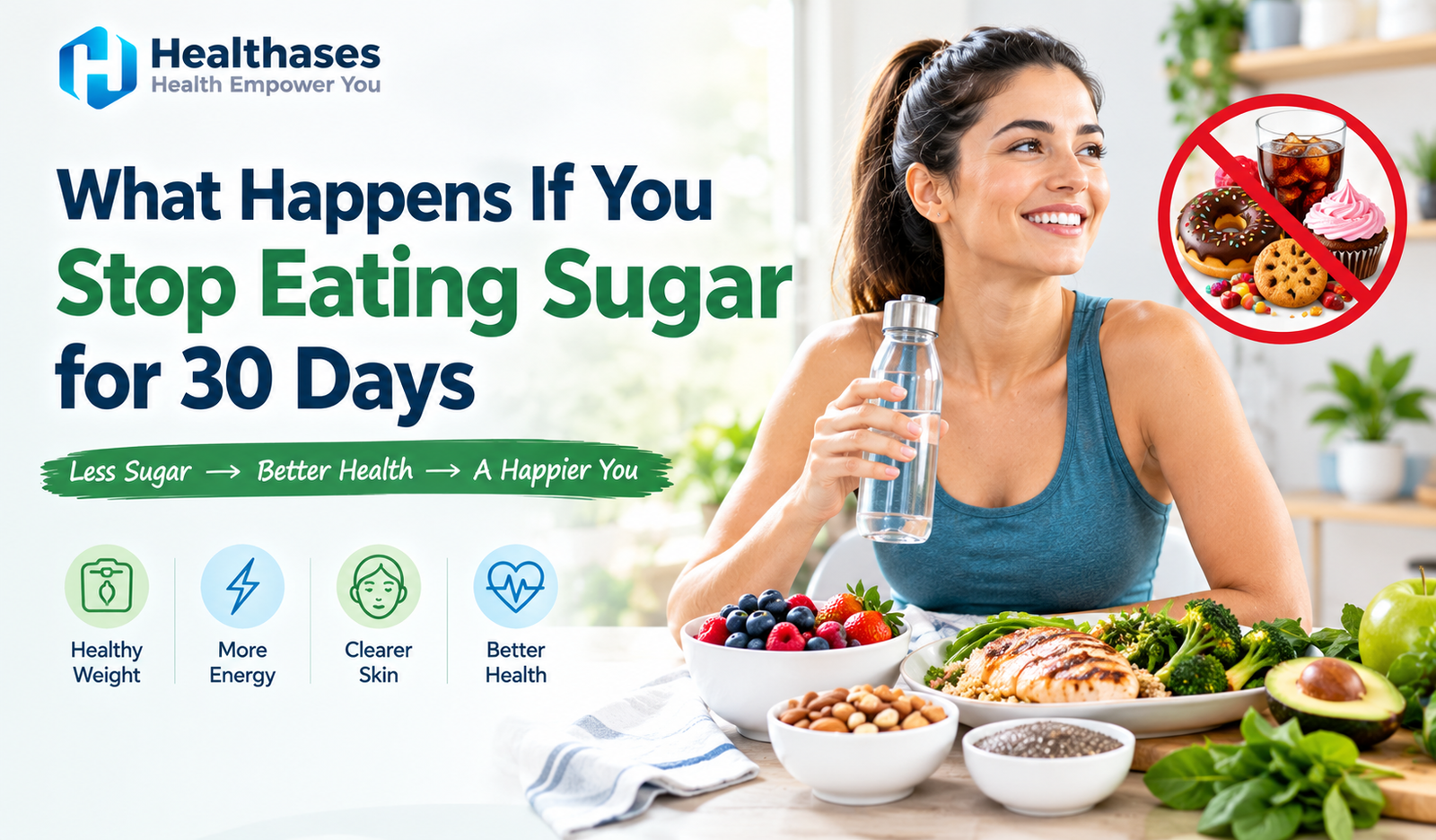 What happens if you stop eating sugar for 30 days, showing healthy foods, water, and reduced sugary treats