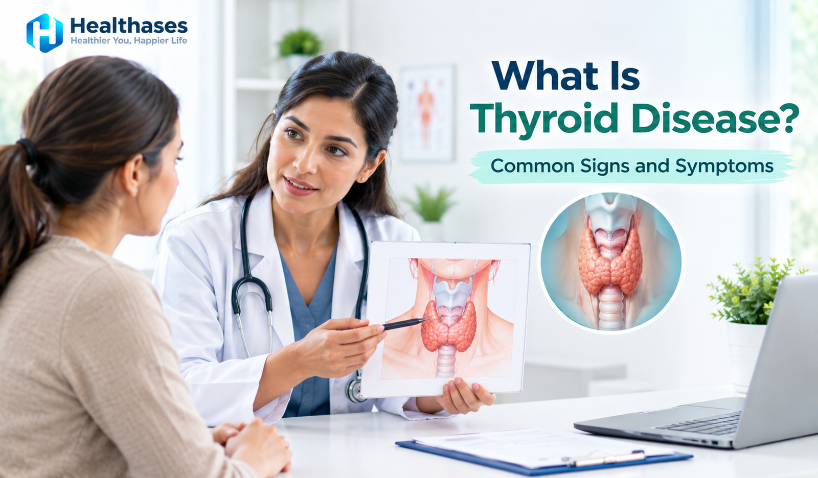 Thyroid disease and symptoms explained by a healthcare professional using a thyroid gland illustration